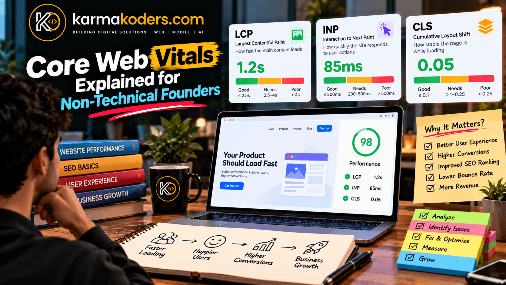 Diagram showing real-user web vitals collection feeding a dashboard alongside Search Console field data and a CI performance budget